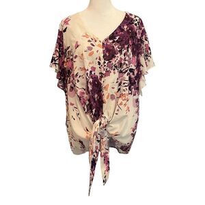 Womens Top Size 2XL Flare Short Sleeve Tied Up Blouse Purple & White​